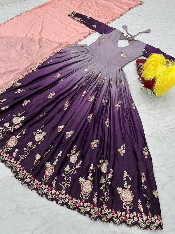 Azorte Fashion Elegant Heavy Chinon Embroidered Gown – Fully Stitched with Dupatta - Rum, XL