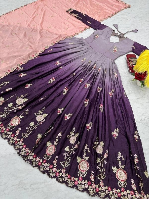Azorte Fashion Elegant Heavy Chinon Embroidered Gown – Fully Stitched with Dupatta - Rum, XL