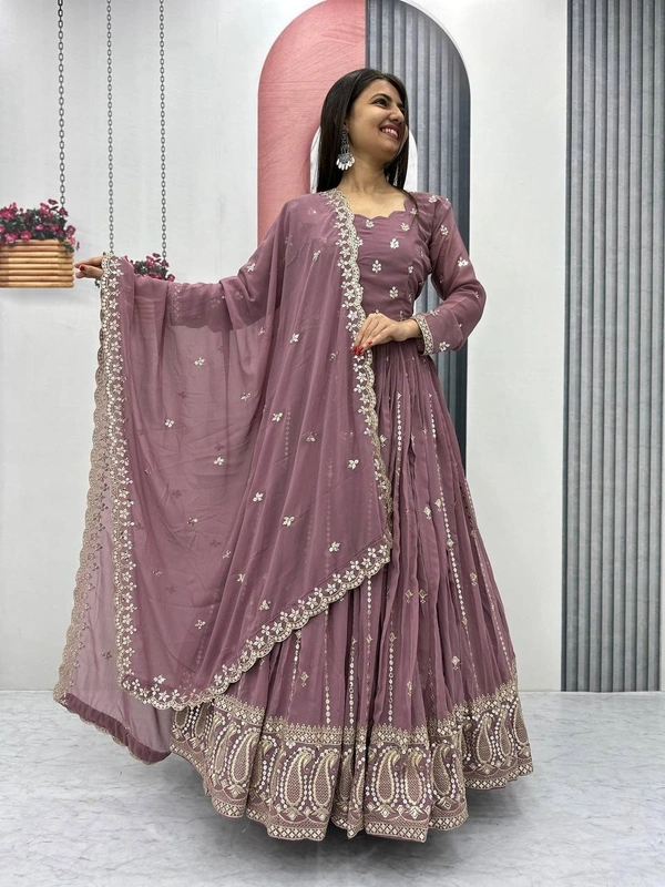 Azorte Fashion Luxury Fox Georgette Embroidered Partywear Gown with Dupatta – Fully Stitched - Russett, M