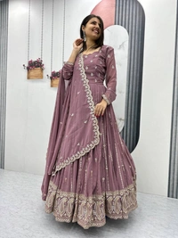 Azorte Fashion Luxury Fox Georgette Embroidered Partywear Gown with Dupatta – Fully Stitched - Russett, M