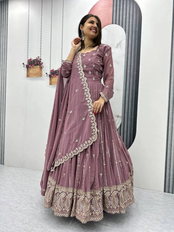 Azorte Fashion Luxury Fox Georgette Embroidered Partywear Gown with Dupatta – Fully Stitched - Russett, M