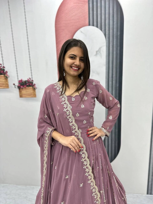 Azorte Fashion Luxury Fox Georgette Embroidered Partywear Gown with Dupatta – Fully Stitched - Russett, M