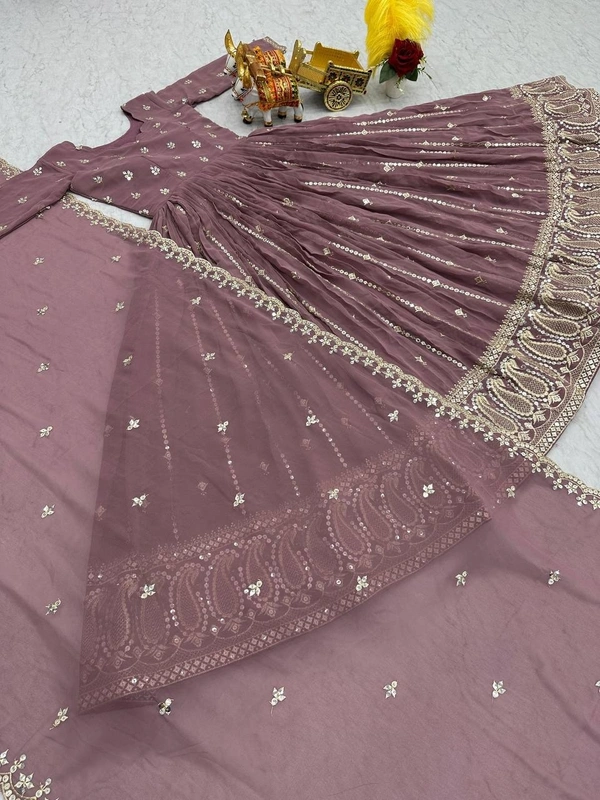 Azorte Fashion Luxury Fox Georgette Embroidered Partywear Gown with Dupatta – Fully Stitched - Russett, M