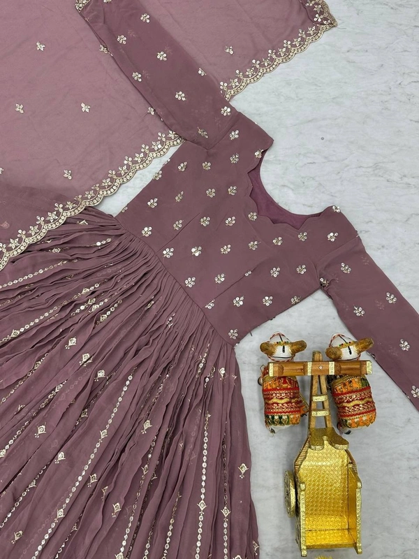 Azorte Fashion Luxury Fox Georgette Embroidered Partywear Gown with Dupatta – Fully Stitched - Russett, M