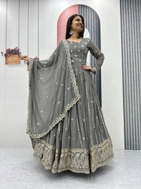 Azorte Fashion Luxury Fox Georgette Embroidered Partywear Gown with Dupatta – Fully Stitched - Storm Dust, M