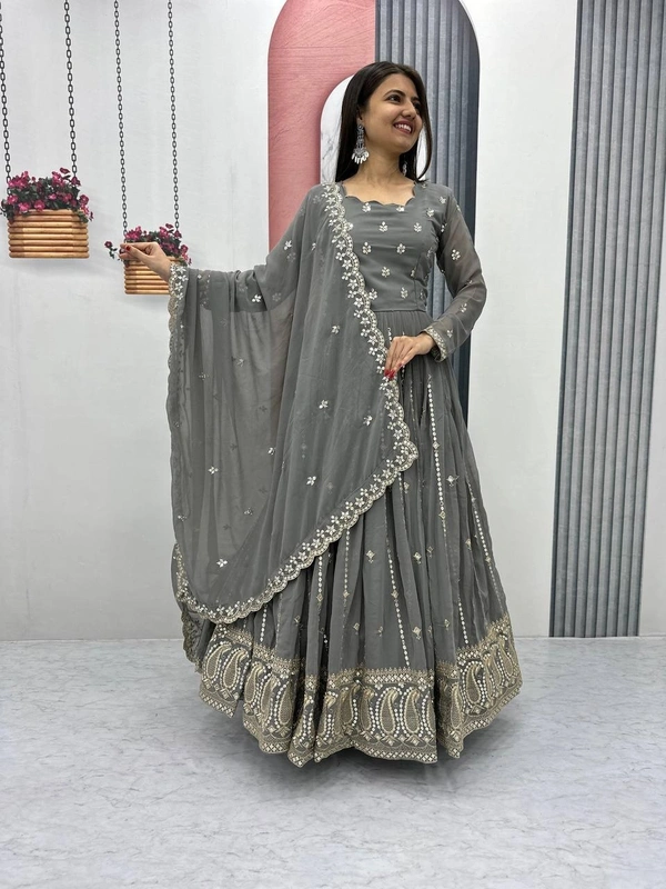Azorte Fashion Luxury Fox Georgette Embroidered Partywear Gown with Dupatta – Fully Stitched - Storm Dust, M
