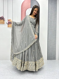 Azorte Fashion Luxury Fox Georgette Embroidered Partywear Gown with Dupatta – Fully Stitched - Storm Dust, M