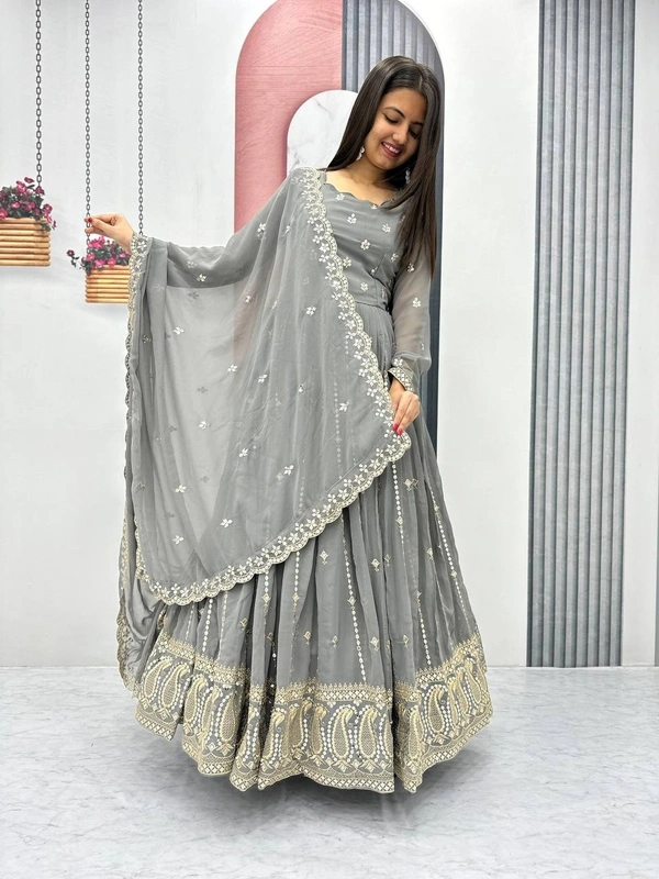 Azorte Fashion Luxury Fox Georgette Embroidered Partywear Gown with Dupatta – Fully Stitched - Storm Dust, M