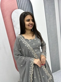 Azorte Fashion Luxury Fox Georgette Embroidered Partywear Gown with Dupatta – Fully Stitched - Storm Dust, M