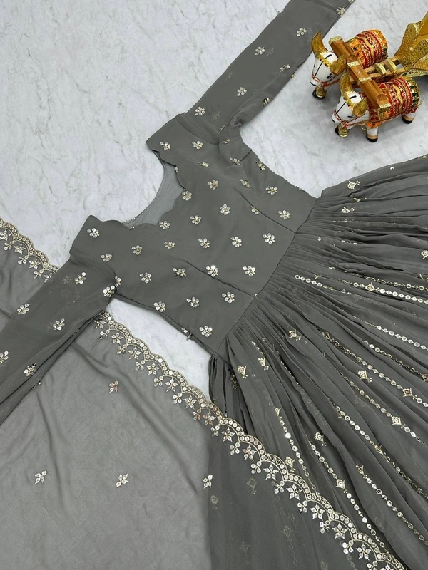 Azorte Fashion Luxury Fox Georgette Embroidered Partywear Gown with Dupatta – Fully Stitched - Storm Dust, M