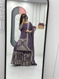 Azorte Fashion Luxury Embroidered Sharara Suit Set – Heavy Fox Georgette Party Wear - Mulled Wine, M Upto L