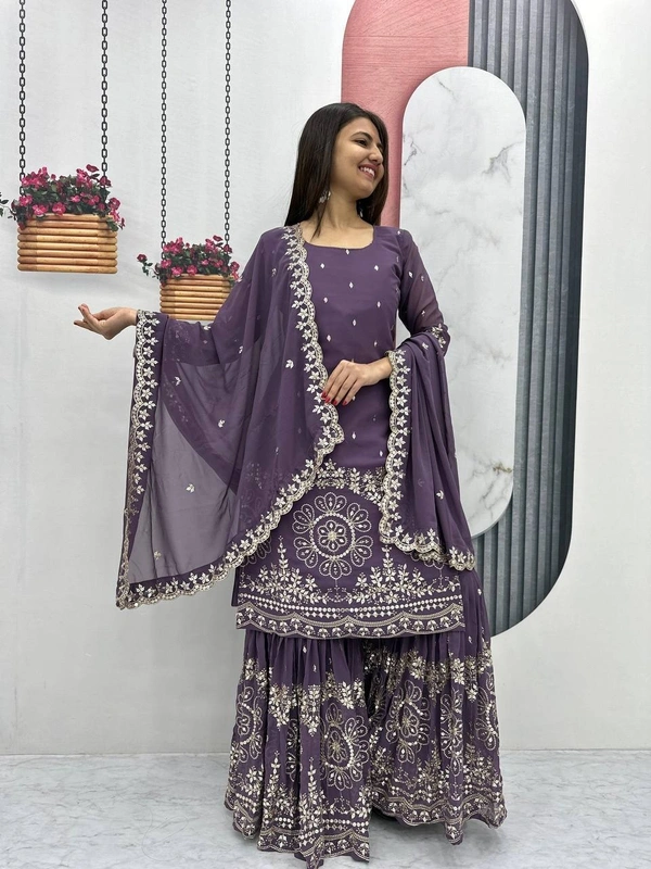 Azorte Fashion Luxury Embroidered Sharara Suit Set – Heavy Fox Georgette Party Wear - Mulled Wine, M Upto L