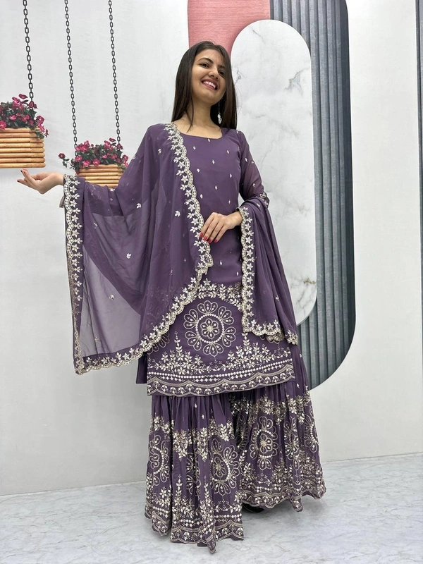 Azorte Fashion Luxury Embroidered Sharara Suit Set – Heavy Fox Georgette Party Wear - Mulled Wine, M Upto L