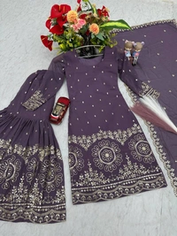 Azorte Fashion Luxury Embroidered Sharara Suit Set – Heavy Fox Georgette Party Wear - Mulled Wine, M Upto L