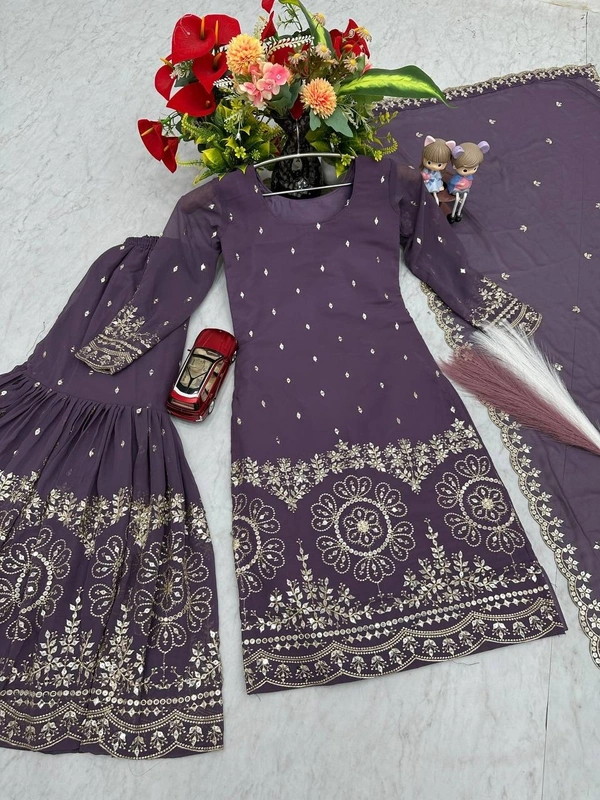 Azorte Fashion Luxury Embroidered Sharara Suit Set – Heavy Fox Georgette Party Wear - Mulled Wine, M Upto L