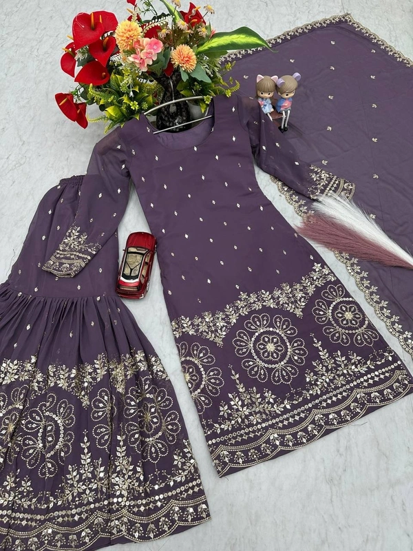 Azorte Fashion Luxury Embroidered Sharara Suit Set – Heavy Fox Georgette Party Wear - Mulled Wine, M Upto L