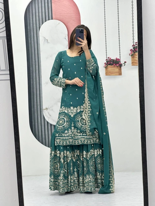 Azorte Fashion Luxury Embroidered Sharara Suit Set – Heavy Fox Georgette Party Wear - Blue Dianne, M Upto L