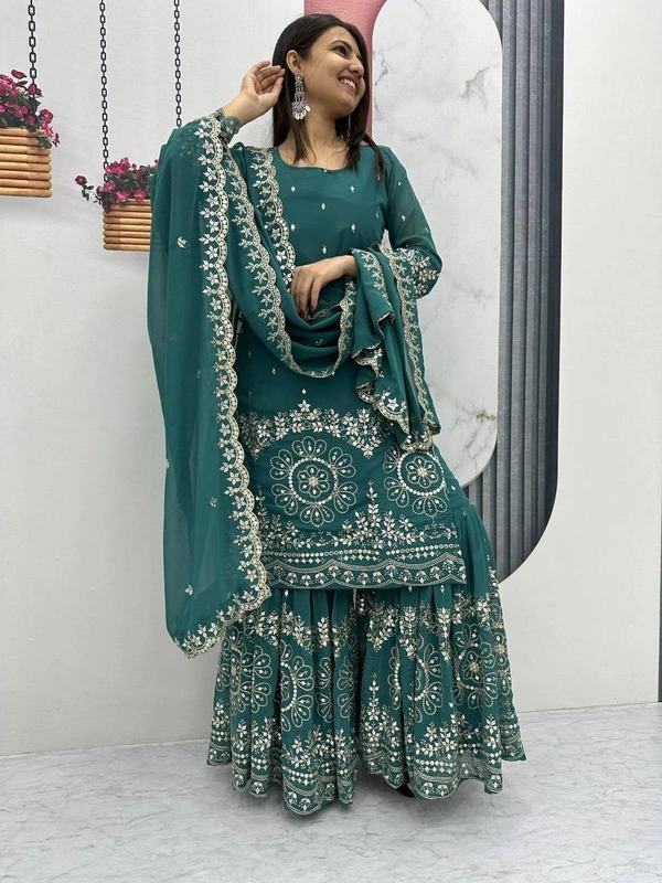 Azorte Fashion Luxury Embroidered Sharara Suit Set – Heavy Fox Georgette Party Wear - Blue Dianne, M Upto L