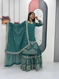 Azorte Fashion Luxury Embroidered Sharara Suit Set – Heavy Fox Georgette Party Wear - Blue Dianne, M Upto L