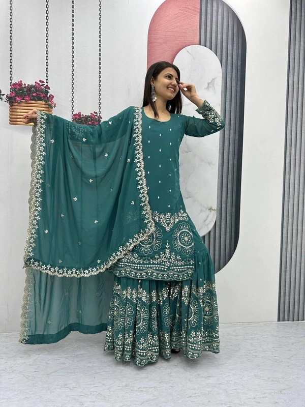 Azorte Fashion Luxury Embroidered Sharara Suit Set – Heavy Fox Georgette Party Wear - Blue Dianne, M Upto L