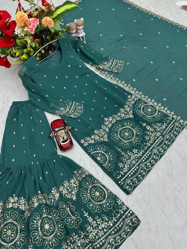 Azorte Fashion Luxury Embroidered Sharara Suit Set – Heavy Fox Georgette Party Wear - Blue Dianne, M Upto L