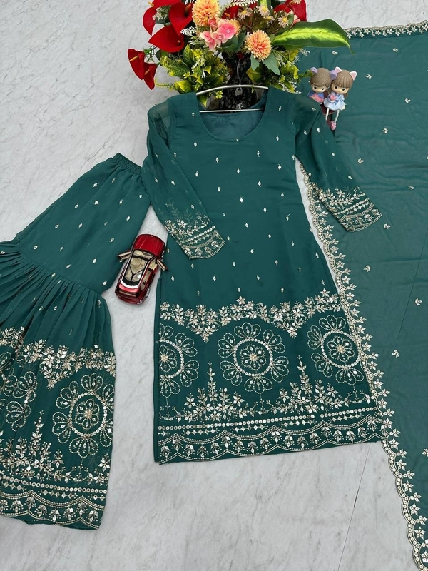 Azorte Fashion Luxury Embroidered Sharara Suit Set – Heavy Fox Georgette Party Wear - Blue Dianne, M Upto L
