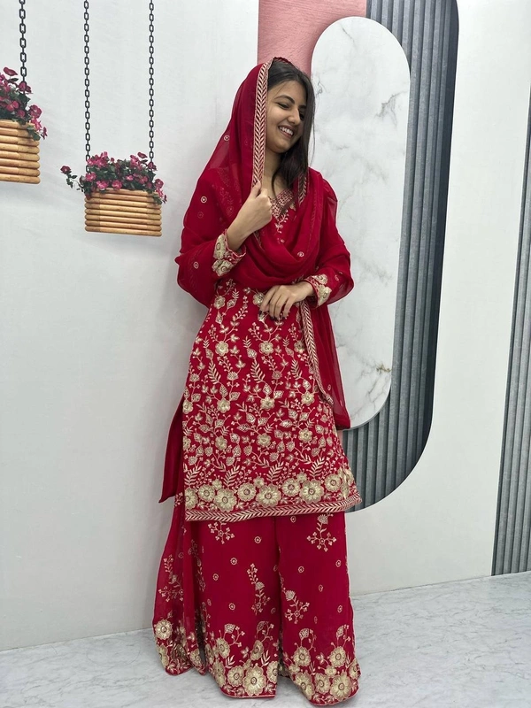 Azorte Fashion Designer Embroidered Palazzo Suit Set – Heavy Fox Georgette Party Wear - Venetian Red, M Upto L