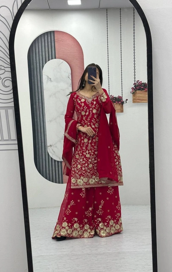 Azorte Fashion Designer Embroidered Palazzo Suit Set – Heavy Fox Georgette Party Wear - Venetian Red, M Upto L