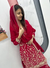 Azorte Fashion Designer Embroidered Palazzo Suit Set – Heavy Fox Georgette Party Wear - Venetian Red, M Upto L
