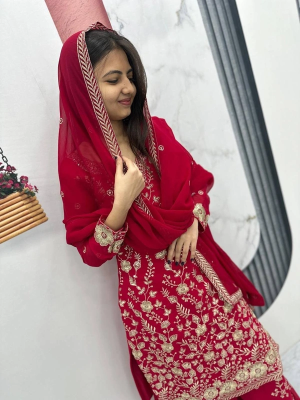 Azorte Fashion Designer Embroidered Palazzo Suit Set – Heavy Fox Georgette Party Wear - Venetian Red, M Upto L