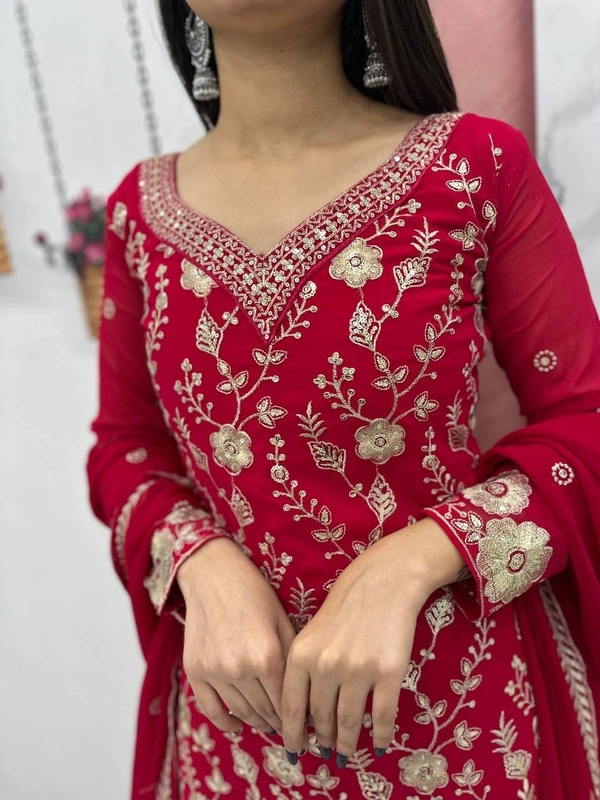 Azorte Fashion Designer Embroidered Palazzo Suit Set – Heavy Fox Georgette Party Wear - Venetian Red, M Upto L