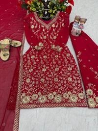Azorte Fashion Designer Embroidered Palazzo Suit Set – Heavy Fox Georgette Party Wear - Venetian Red, M Upto L