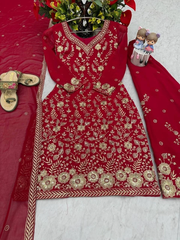 Azorte Fashion Designer Embroidered Palazzo Suit Set – Heavy Fox Georgette Party Wear - Venetian Red, M Upto L