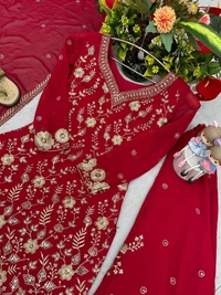 Azorte Fashion Designer Embroidered Palazzo Suit Set – Heavy Fox Georgette Party Wear - Venetian Red, M Upto L