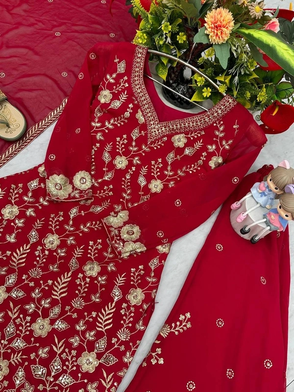Azorte Fashion Designer Embroidered Palazzo Suit Set – Heavy Fox Georgette Party Wear - Venetian Red, M Upto L