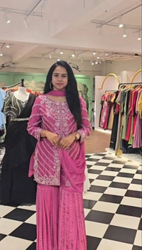Azorte Fashion Elegant Embroidered Sharara Suit – Heavy Georgette Party Wear Set - Cannon Pink, M Upto L
