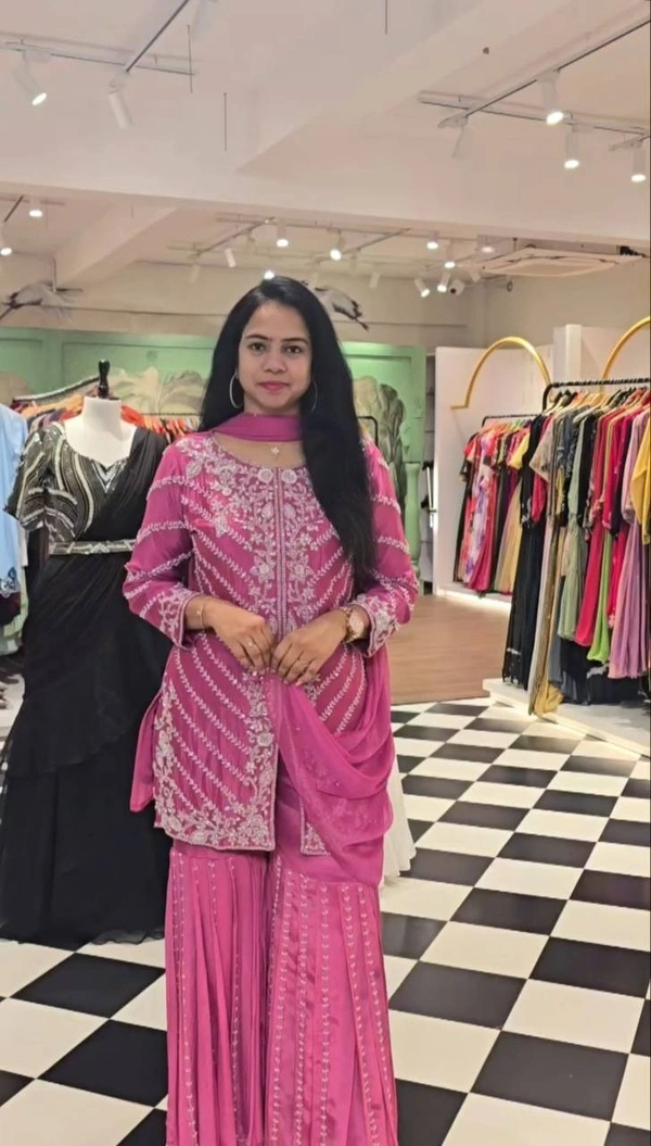 Azorte Fashion Elegant Embroidered Sharara Suit – Heavy Georgette Party Wear Set - Cannon Pink, M Upto L