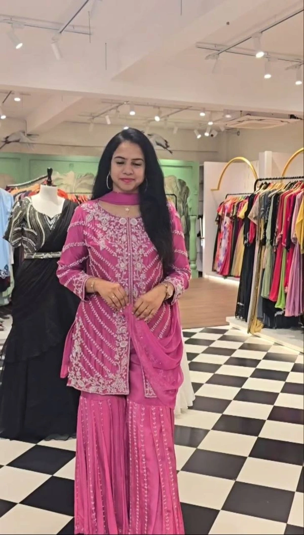 Azorte Fashion Elegant Embroidered Sharara Suit – Heavy Georgette Party Wear Set - Cannon Pink, M Upto L