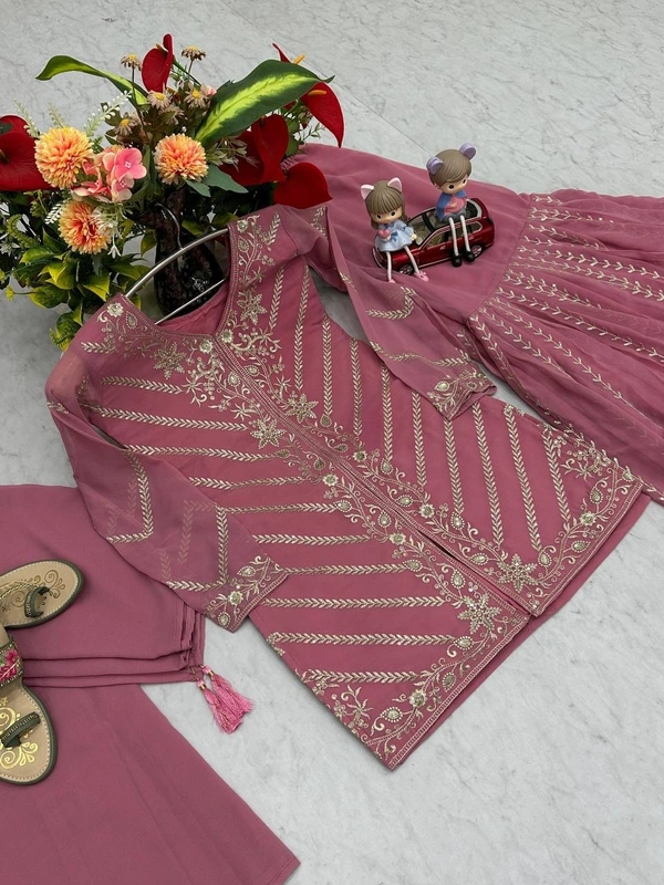 Azorte Fashion Elegant Embroidered Sharara Suit – Heavy Georgette Party Wear Set - Cannon Pink, M Upto L