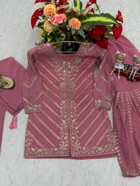 Azorte Fashion Elegant Embroidered Sharara Suit – Heavy Georgette Party Wear Set - Cannon Pink, M Upto L