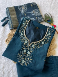 Azorte Fashion Elegant Roman Silk Kurti Set – Handwork & Digital Print Dupatta - M (38)