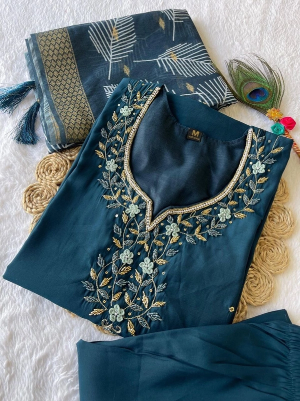 Azorte Fashion Elegant Roman Silk Kurti Set – Handwork & Digital Print Dupatta - M (38)