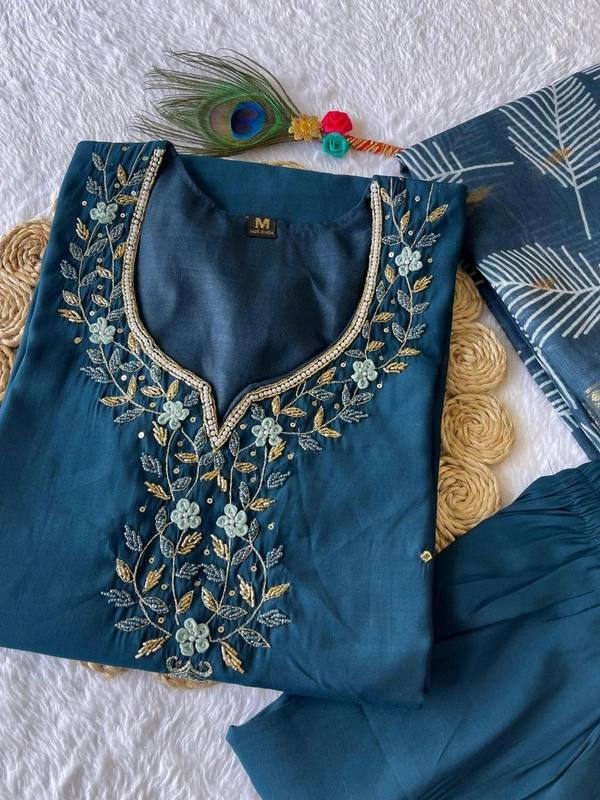Azorte Fashion Elegant Roman Silk Kurti Set – Handwork & Digital Print Dupatta - M (38)