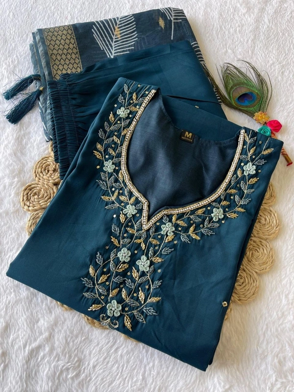 Azorte Fashion Elegant Roman Silk Kurti Set – Handwork & Digital Print Dupatta - M (38)