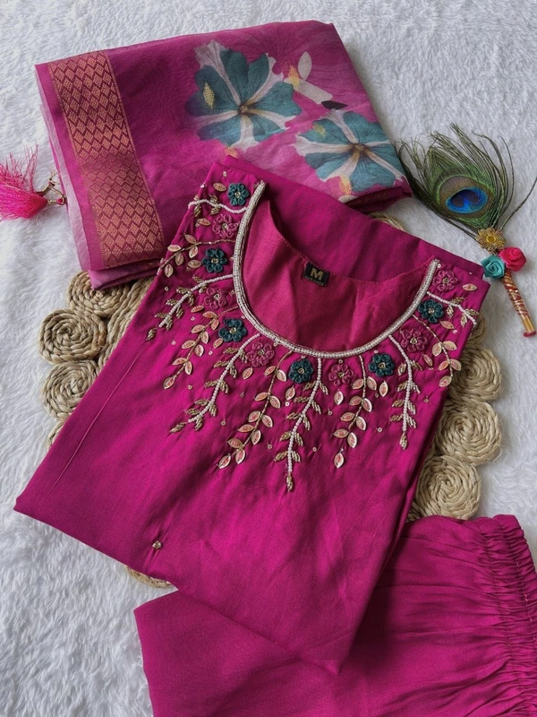 Azorte Fashion Luxury Magenta Roman Silk Kurti Set – Handwork & Digital Print Dupatta - XL (42)