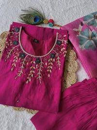 Azorte Fashion Luxury Magenta Roman Silk Kurti Set – Handwork & Digital Print Dupatta - XL (42)