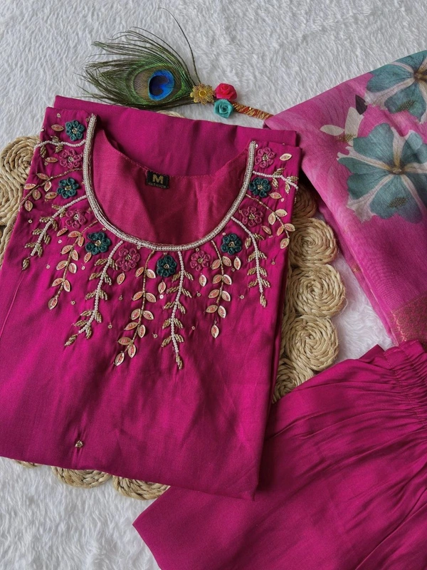 Azorte Fashion Luxury Magenta Roman Silk Kurti Set – Handwork & Digital Print Dupatta - XL (42)
