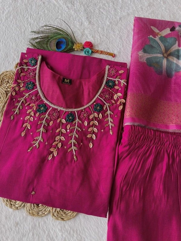 Azorte Fashion Luxury Magenta Roman Silk Kurti Set – Handwork & Digital Print Dupatta - XL (42)