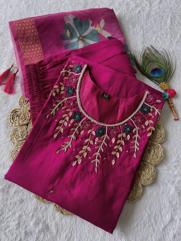 Azorte Fashion Luxury Magenta Roman Silk Kurti Set – Handwork & Digital Print Dupatta - XL (42)