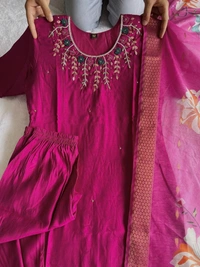 Azorte Fashion Luxury Magenta Roman Silk Kurti Set – Handwork & Digital Print Dupatta - XL (42)